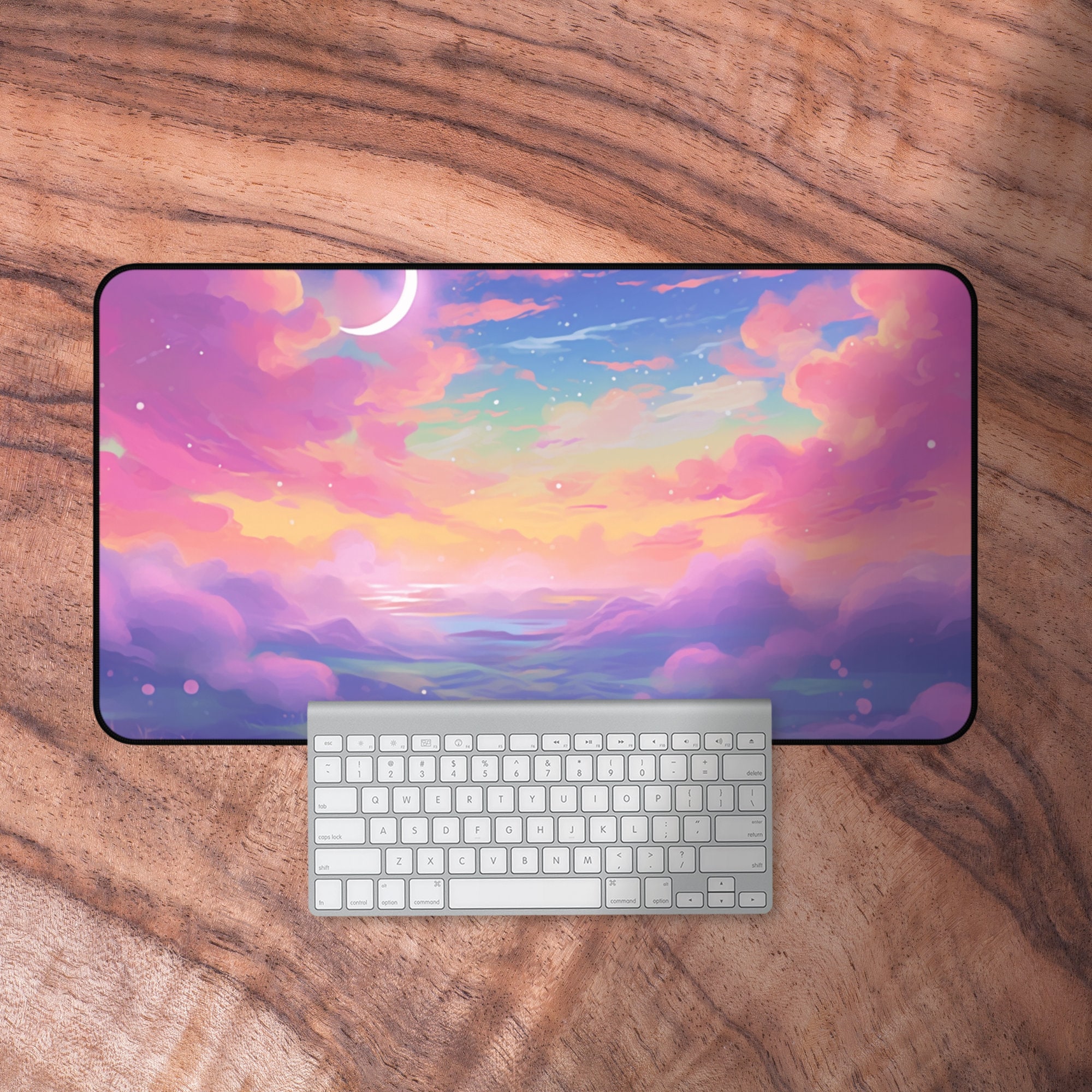 Desk Mat Kawaii, Cute Pink Night Sky Mouse Pad, Gamer Girl Deskmat, Neoprene Gaming Mat, Desk Mat Aesthetic, Pastel Laptop Mat