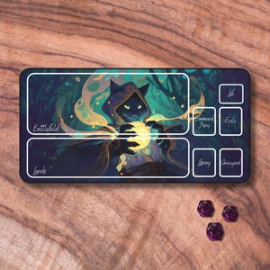 Tapis de jeu MTG avec zones, tapis de jeu TCG sur le thème du chat sorcier, tapis de jeu aux couleurs vives en néoprène, accessoires de jeux de cartes à collectionner, cadeaux pour gamers