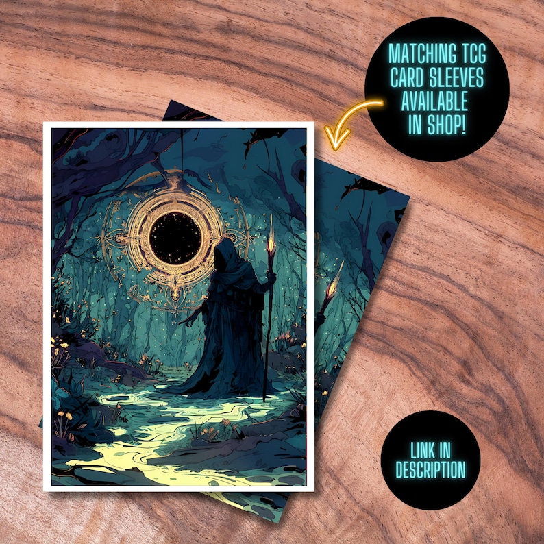 May include: A digital illustration of a hooded figure standing in a dark forest. The figure is holding a staff and is looking towards a glowing portal in the distance. The portal is surrounded by a golden frame and is set against a backdrop of lush green foliage.