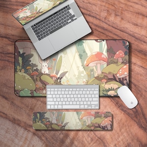 Lofi bureaumat, gezellige gamer esthetische muismat, kawaii paddenstoel bureaumat, gaming bureaumat XL, bureaudecor kawaii, cadeaus voor gamers