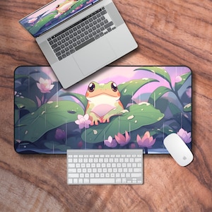 May include: A green frog with yellow eyes sits on a large green leaf. The frog is surrounded by pink flowers and green leaves. The background is a soft purple and pink gradient with raindrops falling.