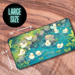 May include: A large mousepad featuring a whimsical illustration of white ducks swimming in a blue stream. The stream is surrounded by green foliage and rocks. The mousepad measures 31 inches by 15.5 inches.