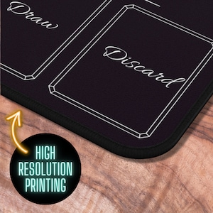 May include: Black gaming mat with white outlines and the words "Draw" and "Discard" printed on it. The mat has a black stitched edge.