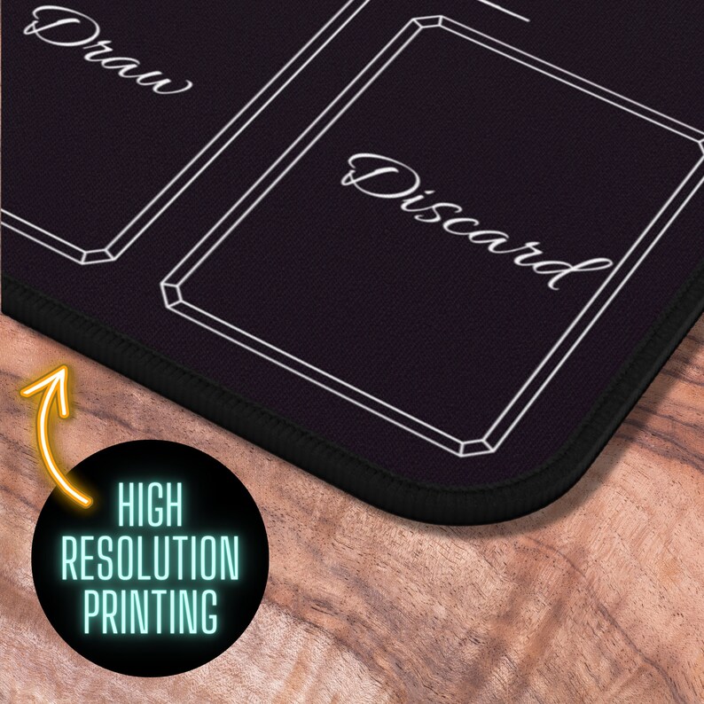 May include: Black gaming mat with white outlines and the words "Draw" and "Discard" printed on it. The mat has a black stitched edge.