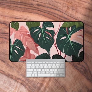 Desk Mat Plant, Monstera Mouse Pad, Green Deskmat, Pink Keyboard Mat, Plant Lover Gifts