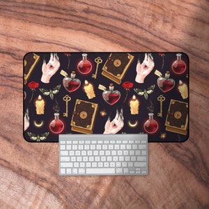 Desk Mat Dark Academia, Witchy Gaming Mouse Pad, Black and Red Witch themed Laptop Mat, Witchy Gifts for Her, Desk Decor Dark Academia