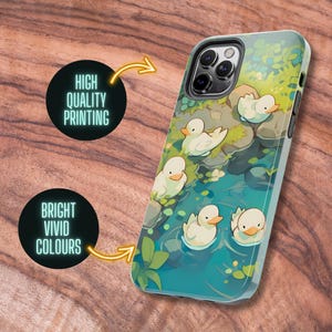May include: A phone case with a blue and green design featuring white ducks swimming in a pond. The case has a clear back and a raised camera bump. The text "HIGH QUALITY PRINTING" and "BRIGHT VIVID COLOURS" is visible on the image.