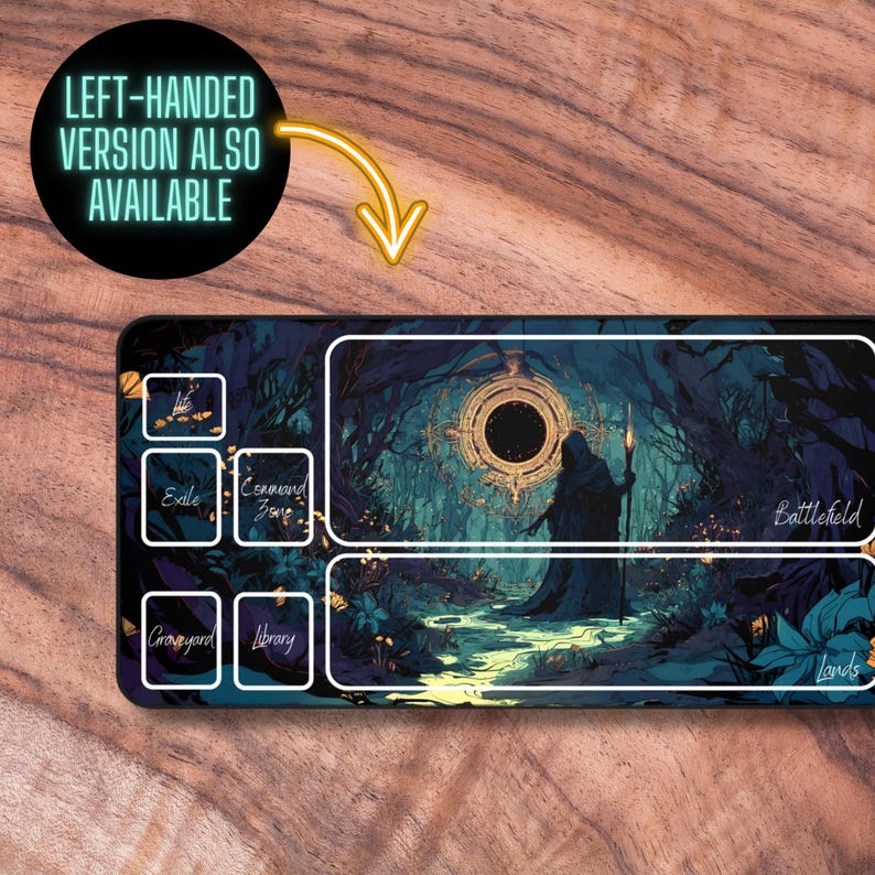 May include: A black and blue gaming mousepad with a dark fantasy forest scene. The mousepad has designated areas for "Exile", "Command Zone", "Graveyard", "Library", "Battlefield", and "Lands".