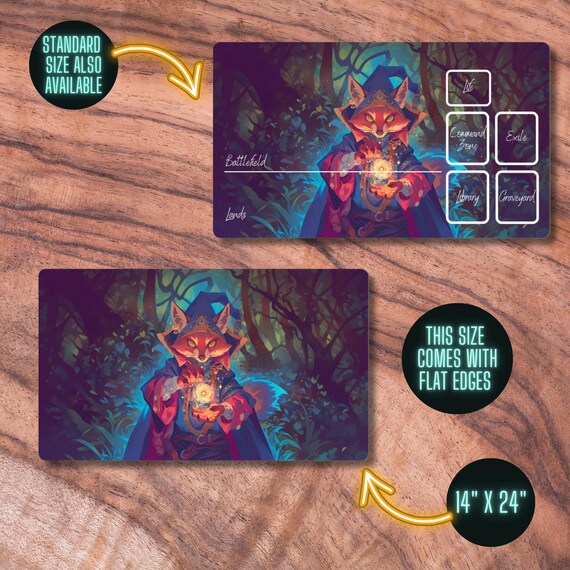 Tapis de jeu MTG avec zones, tapis de jeu TCG sur le thème du sorcier renard, tapis de jeu MTG non officiel, accessoires de jeux de cartes à collectionner, cadeaux pour gamers