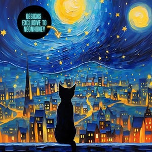 May include: A black cat sits on a rooftop overlooking a city skyline at night. The sky is a deep blue with yellow stars and two large yellow moons. The city lights are a warm yellow.
