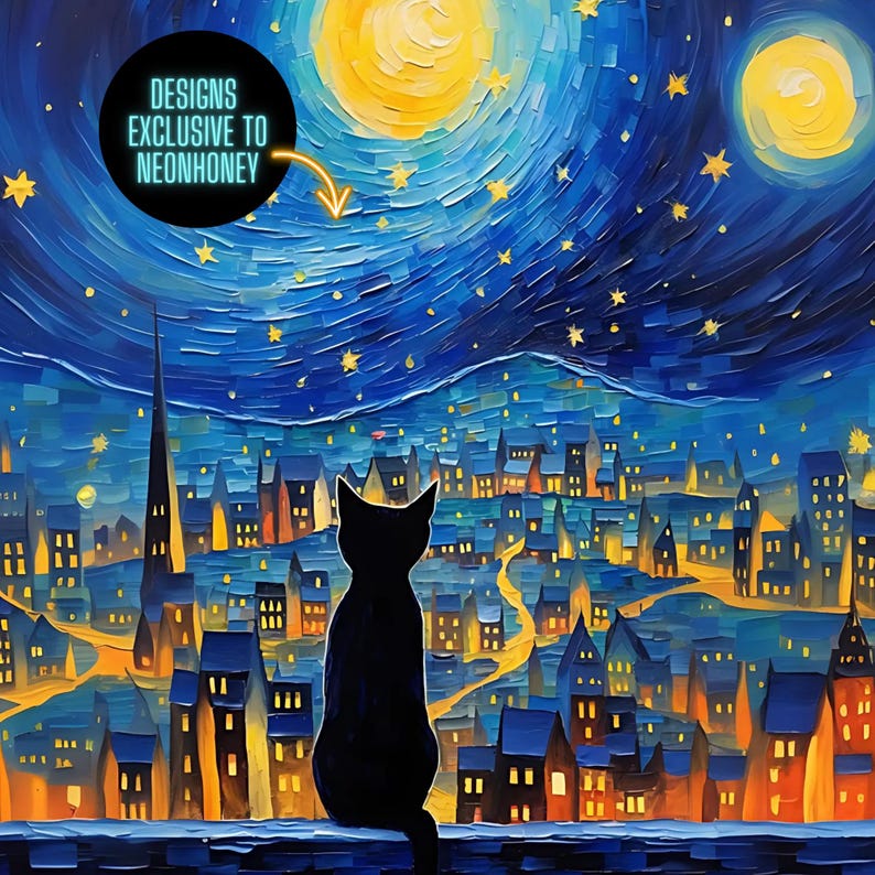 May include: A black cat sits on a rooftop overlooking a city skyline at night. The sky is a deep blue with yellow stars and two large yellow moons. The city lights are a warm yellow.