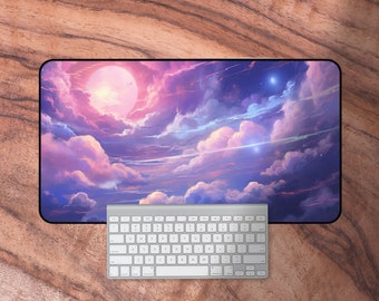 Cute Purple Desk Mat, Pastel Gaming Desk Mat, Kawaii Mouse Pad, Gamer Girl Gifts, Night Sky Keyboard Mat, Neoprene Gaming Mat