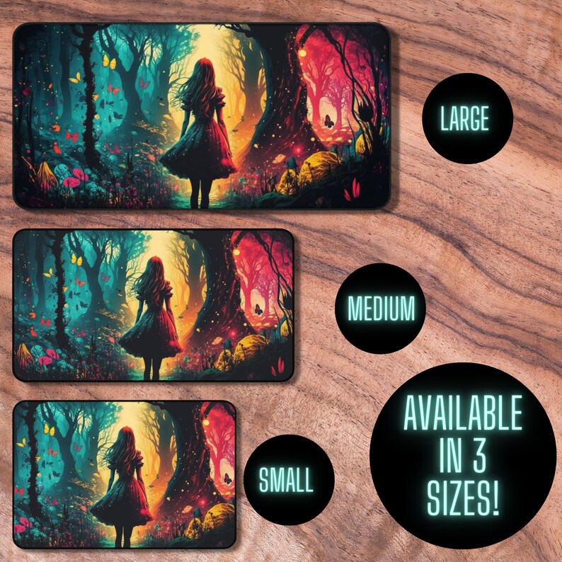 May include: A colorful digital art print of a girl walking through a forest with butterflies. The print is available in three sizes: large, medium, and small.