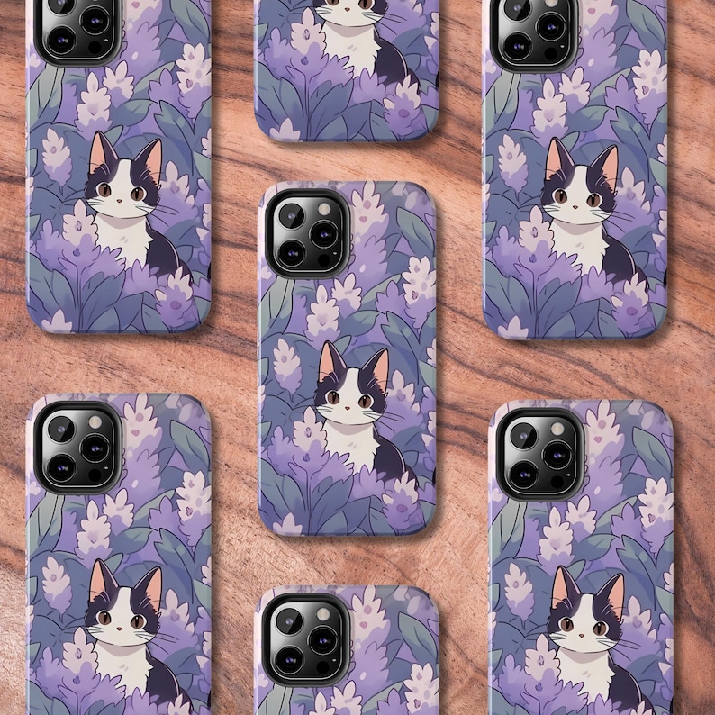May include: A set of ten phone cases featuring a black and white cat with purple flowers. The cases are designed for a variety of phone models.