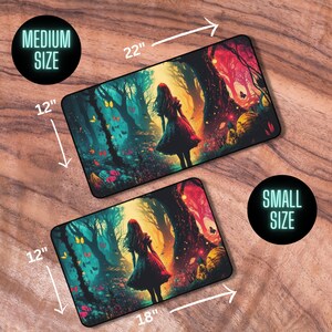 May include: A colorful mousepad featuring a girl walking through a forest with butterflies and glowing lights. The mousepad is available in two sizes: 12" x 18" and 12" x 22".