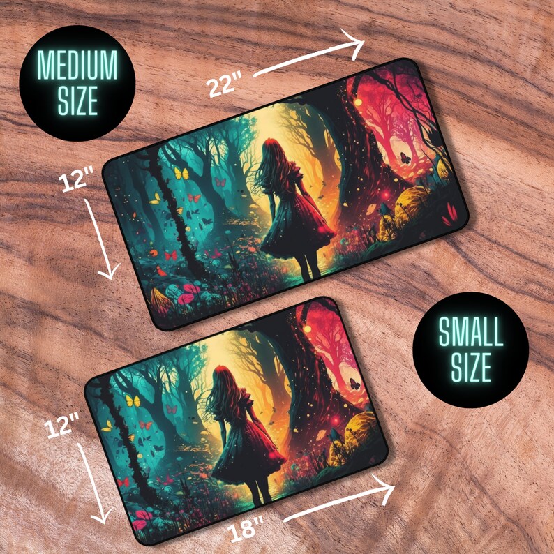 May include: A colorful mousepad featuring a girl walking through a forest with butterflies and glowing lights. The mousepad is available in two sizes: 12" x 18" and 12" x 22".