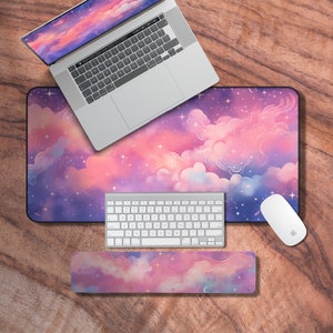 Desk Mat Kawaii, Pink Sky Mouse Pad, Cute Keyboard Mat, Night Sky Gaming Desk Mat, Cute Desk Accessories, Kawaii Gifts for Her