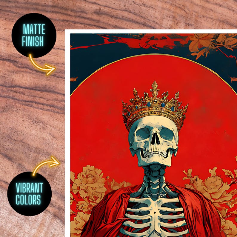 May include: A digital illustration of a skeleton wearing a gold crown and a red robe. The skeleton is set against a red background with gold flowers.