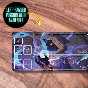 May include: A black cat wearing a purple and gold robe holds a glowing orb. The cat is surrounded by swirling purple and blue smoke. The image is a game mat with labeled sections for "Life", "Exile", "Command Zone", "Graveyard", "Library", "Battlefield", and "Lands".