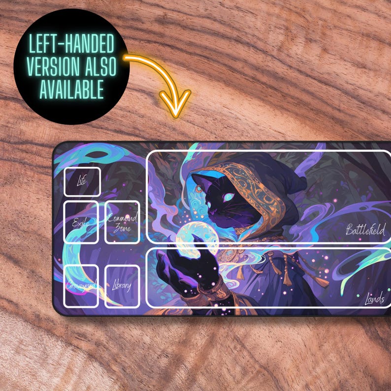 May include: A black cat wearing a purple and gold robe holds a glowing orb. The cat is surrounded by swirling purple and blue smoke. The image is a game mat with labeled sections for "Life", "Exile", "Command Zone", "Graveyard", "Library", "Battlefield", and "Lands".
