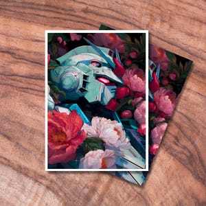 May include: Two art prints featuring a teal and red robot head surrounded by pink and white peonies. The robot has a detailed design with red accents and glowing eyes. The floral arrangement contrasts with the mechanical subject, creating a unique aesthetic.