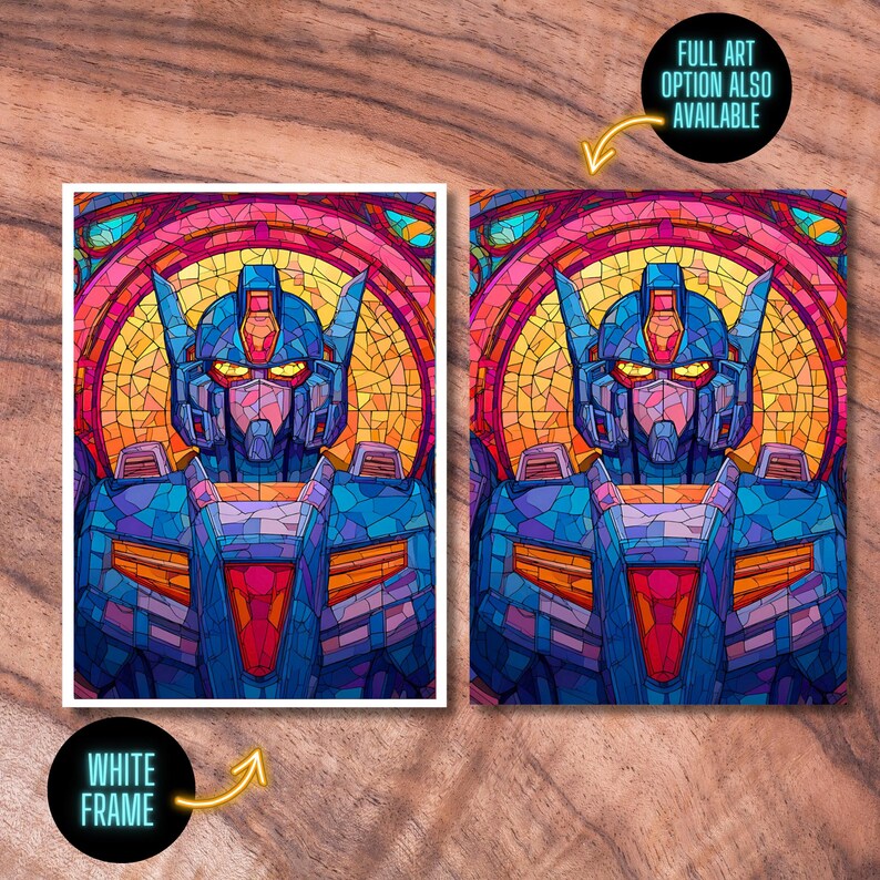 May include: Two framed art prints featuring a stained-glass style illustration of a robot's face. The robot is primarily blue with red and yellow accents. The background is a mix of yellow, orange, and pink. One print has a white frame. Text reads "FULL ART OPTION ALSO AVAILABLE" and "WHITE FRAME".