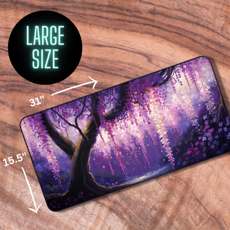May include: A large mouse pad featuring a painting of a purple and white wisteria tree with a dark background. The mouse pad measures 31 inches by 15.5 inches.