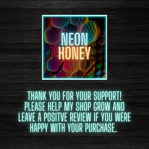 May include: A neon sign with the text "NEON HONEY" in a yellow font on a background of colorful abstract shapes.