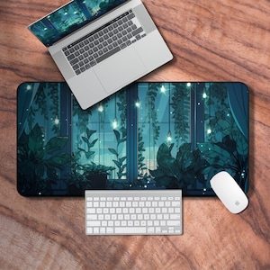 Desk Mat Lofi, Aesthetic Cozy Gamer Mouse Pad, Blue Gaming Mousepad, Cute Desk Accessories