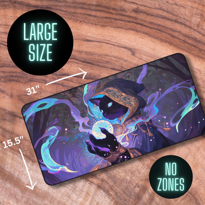 May include: A large, rectangular mousepad with a black cat wearing a purple and gold robe holding a glowing orb. The mousepad has a purple, blue, and green swirling design. The mousepad measures 31 inches by 15.5 inches.