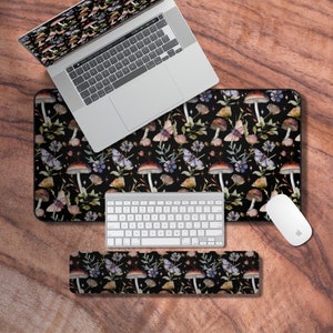 Desk Mat Cottagecore, Mushroom Mouse Pad, Black Keyboard Wrist Rest, Vintage Deskmat, Cute Deskpad, Mushroom Desktop Wallpaper