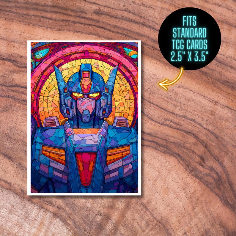 May include: A colorful art print of a robot in a stained-glass style. The robot is primarily blue, with orange and purple accents. The print is designed to fit standard TCG cards, 2.5" x 3.5".