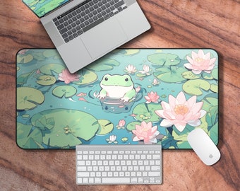 Tapis de bureau Lofi, tapis de souris gaming Kawaii, sous-sol de bureau grenouille mignonne, tapis pour ordinateur portable nénuphar, accessoires de bureau mignons, décoration de bureau kawaii