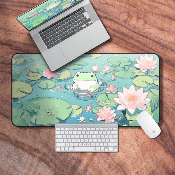 Lofi Desk Mat, Kawaii Gaming Mouse Pad, Cute Frog Deskpad, Lily Pad Themed Laptop Mat, Cute Desk Accessories, Kawaii Desk Decor