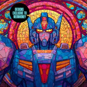 May include: A stained-glass style illustration of a blue robot with red and yellow accents. The robot has a geometric design and is set against a colorful background. The text "DESIGNS EXCLUSIVE TO NEONHONEY" is in a black circle.