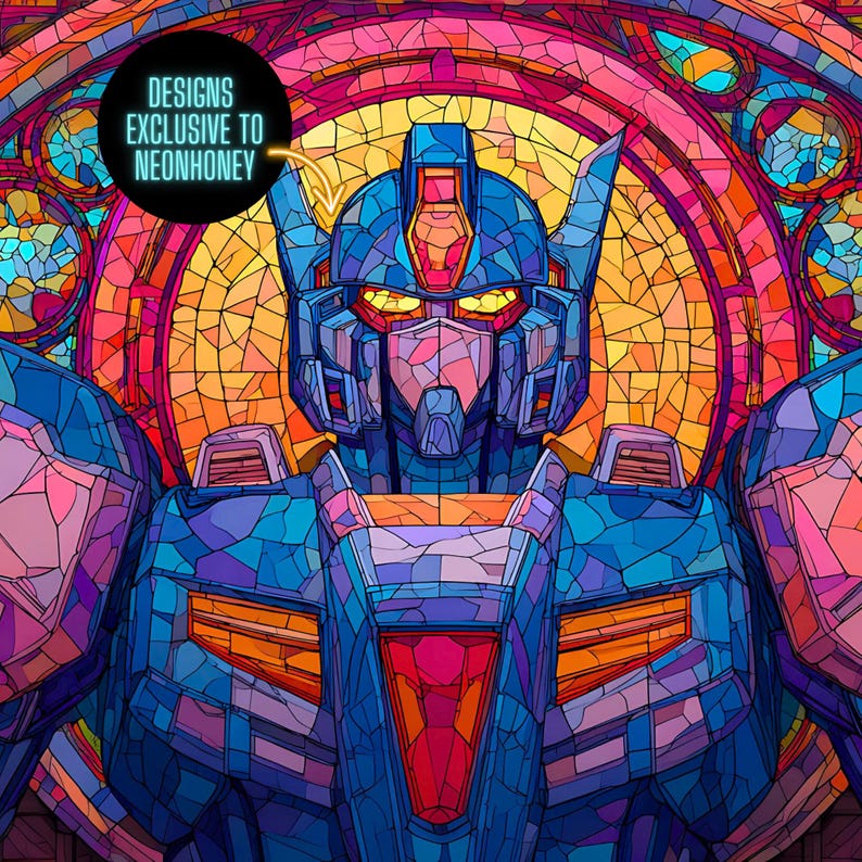 May include: A stained-glass style illustration of a blue robot with red and yellow accents. The robot has a geometric design and is set against a colorful background. The text "DESIGNS EXCLUSIVE TO NEONHONEY" is in a black circle.