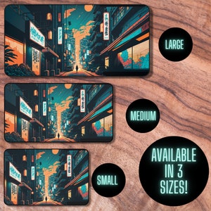 May include: A digital illustration of a city street at night with neon signs and buildings. The image is available in three sizes: small, medium, and large.