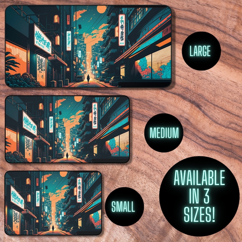 May include: A digital illustration of a city street at night with neon signs and buildings. The image is available in three sizes: small, medium, and large.