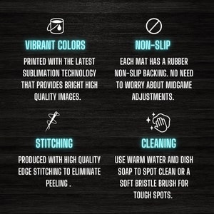 May include: A graphic illustration of four key features of a product. The features are vibrant colors, non-slip, stitching, and cleaning. The graphic is on a dark wood background.