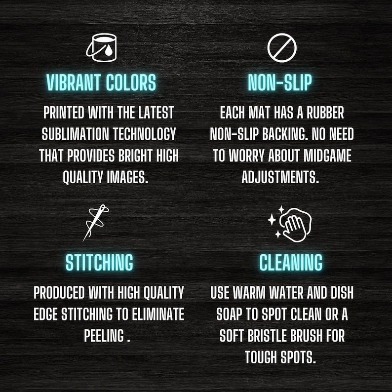 May include: A graphic illustration of four key features of a product. The features are vibrant colors, non-slip, stitching, and cleaning. The graphic is on a dark wood background.