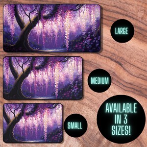 May include: A digital painting of a purple and pink wisteria tree with a glowing blue pond in the background. The image is available in three sizes: small, medium, and large.