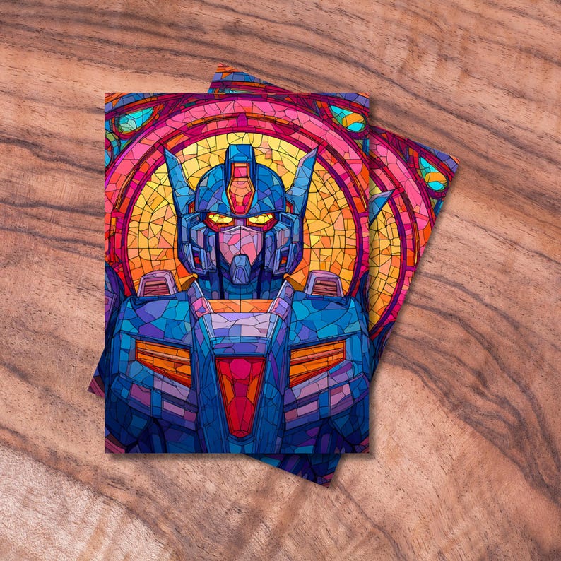 May include: Two cards featuring a stained-glass style illustration of a robot's face. The robot is primarily blue with red and orange accents, set against a yellow and pink background. The cards are on a wooden surface.