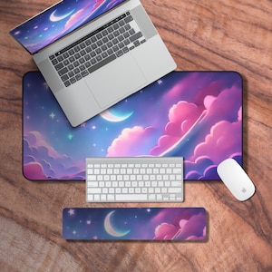 Tappetino da scrivania Kawaii, Tappetino per mouse da gioco con estetica lavanda, Tappetino da scrivania Purple Sky, Tappetino per mouse da gioco anime, Decorazioni per scrivania kawaii, Regali per ragazze gamer