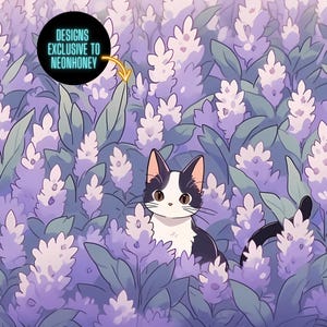 May include: A black and white cat with brown eyes sits in a field of purple flowers. The cat is looking to the right of the image. The text "DESIGNS EXCLUSIVE TO NEONHONEY" is in a circle in the upper left corner of the image.