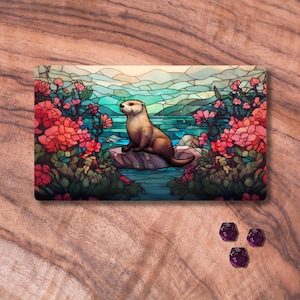 Playmat MTG, Playmat MTG com tema de lontra com ou sem zonas de jogo, Playmat TCG com vitral, presentes para jogadores