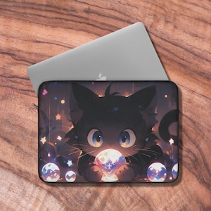 May include: A black cat with blue eyes holds a glowing orb in its paws. The cat is surrounded by sparkling orbs and stars on a dark background. This is a laptop sleeve.
