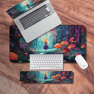 Schreibtischmatte Alice im Wunderland, Mauspad Fantasy, Tastatur Handballenauflage, Pilz Laptopmatte, Schreibtischmatte, Süße Schreibtischdeko