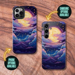May include: Two phone cases featuring a colourful illustration of a moon, clouds, and stars. The phone cases are available for both iPhone and Samsung devices.