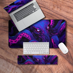 Schreibtischmatte Oktopus, Blaue Gaming Schreibtischmatte XL, Riesen Gaming Mauspad, Neon Schreibtischunterlage, Geschenke für Gamer
