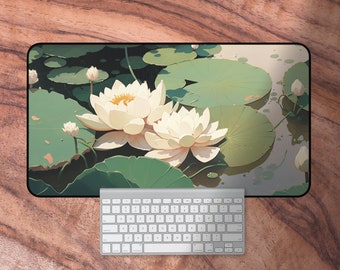 Green Desk Mat, Japanese Floral Mouse Pad, Lily Keyboard Mat, Neoprene Gaming Mat